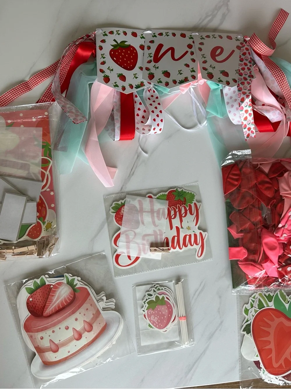 Strawberry Birthday Party Banner and Decorations - Pink, Red, Mint